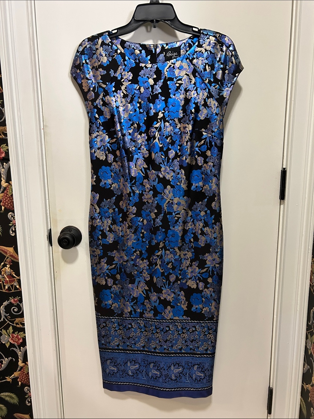 Beige by eci Black Midi Dress with Blue and Silver Floral Print